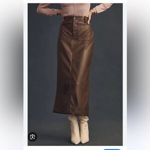 NEW MAEVE ANTHROPOLOGIE the Colette Brown Faux Leather Maxi Skirt  L Women AG18